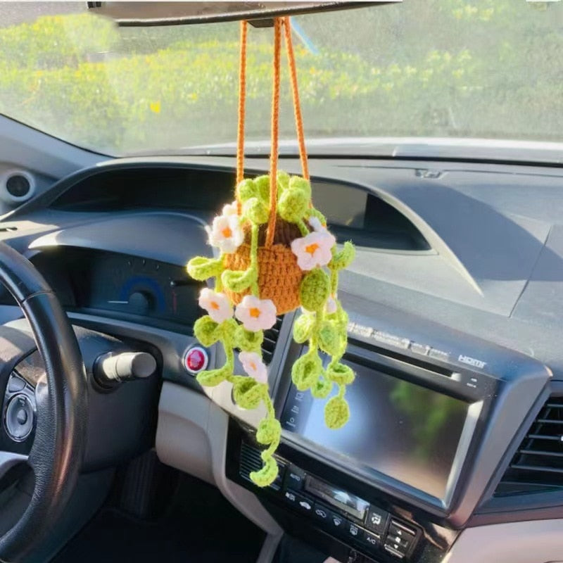 NEW Cute Potted Plants Crochet Car Basket, Hanging Plan for Car Decor.
