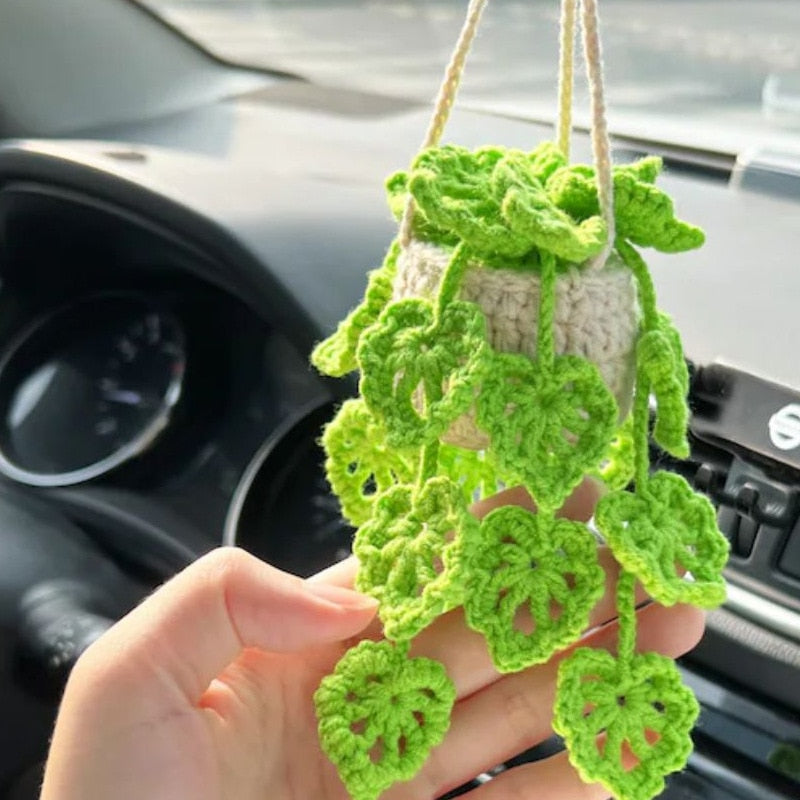 NEW Cute Potted Plants Crochet Car Basket, Hanging Plan for Car Decor.